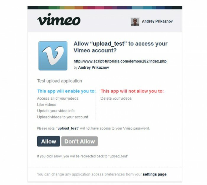 Vimeo API - OAuth and Upload Example